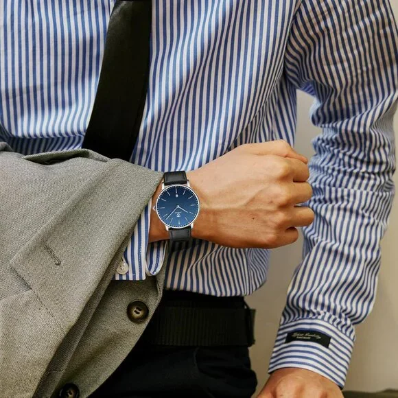 Men's Black -Blue Leather Strap Analog Minimal Simple Stylish Buckle Wrist Watch - Picture 4 of 6